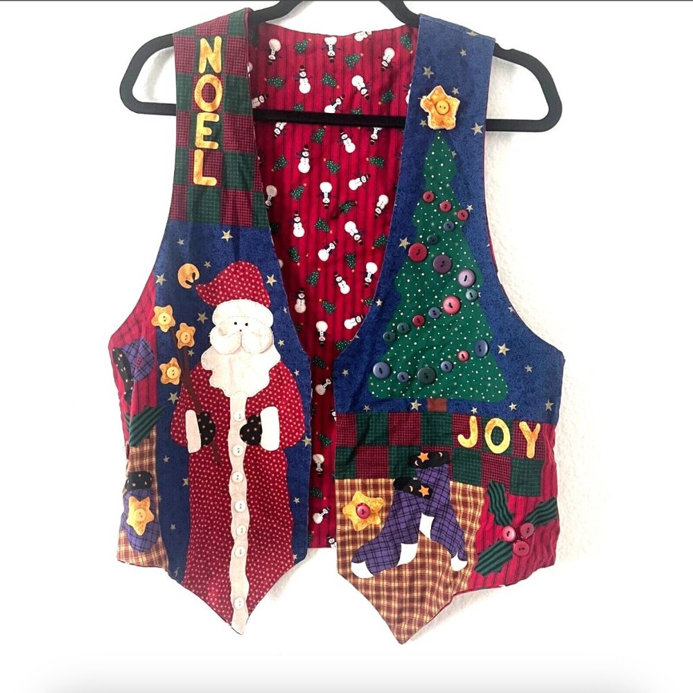 VTG 90s‎ Ugly Christmas Vest Sz L Quilted Handmade Santa Grandma Holiday Cottage